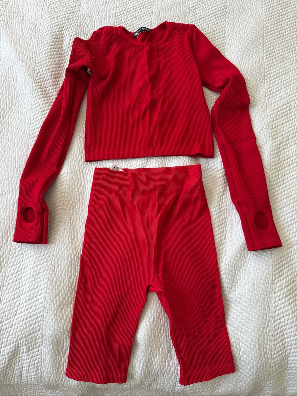 ZARA Red Ribbed Two-Piece Crop Top & Bike Shorts Set